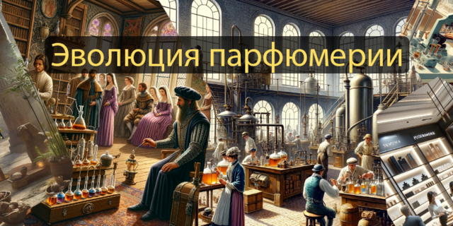 Изображение из пяти частей, отражающих пять эпох развития парфюмерии: древние времена, средневековье, эпоха Возрождения, промышленная революция и современность.