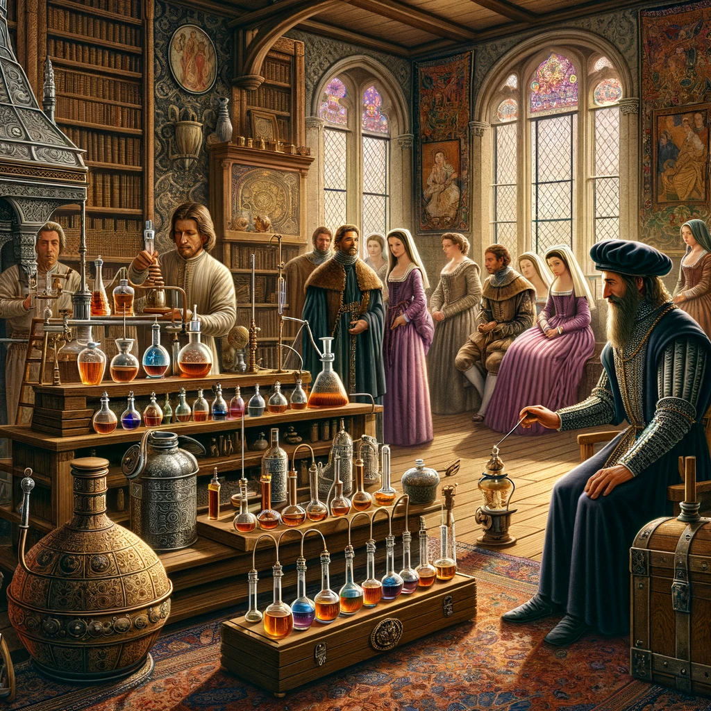 A medieval and Renaissance scene depicting the evolution of alchemy into the art of perfumery. The image features a medieval alchemist in his workshop